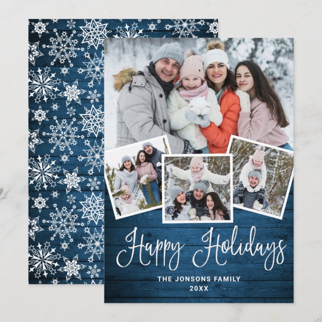 Christmas Rustic Blue Wood 4 PHOTO Greeting Holiday Card (Front/Back)