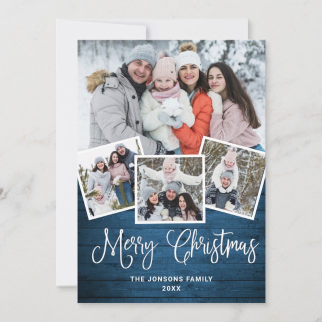Christmas Rustic Blue Wood 4 PHOTO Greeting Holiday Card (Front)