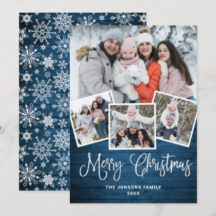 Christmas Rustic Blue Wood 4 PHOTO Greeting Holiday Card
