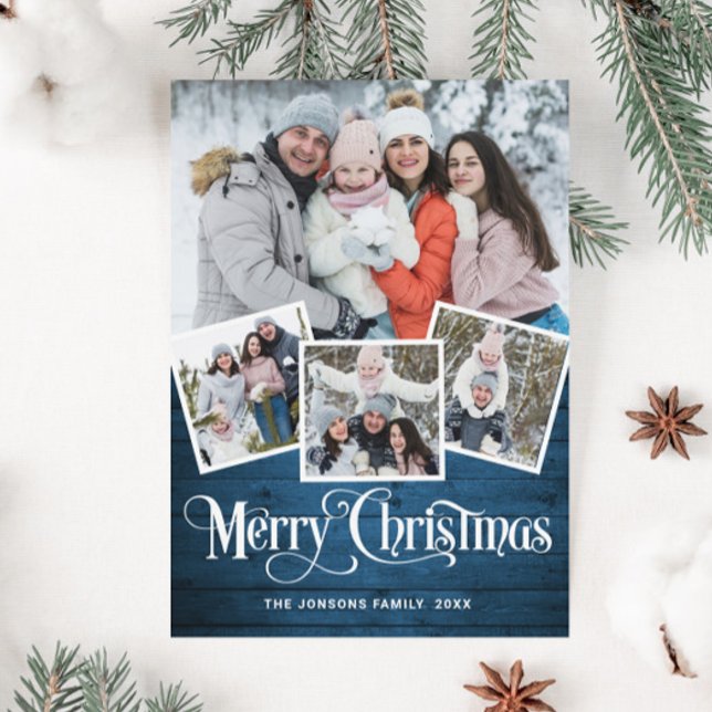 Christmas Rustic Blue Wood 4 PHOTO Greeting Holiday Card (Creator Uploaded)
