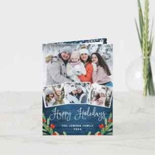 Christmas Rustic Blue Wood 4 PHOTO Greeting Holiday Card