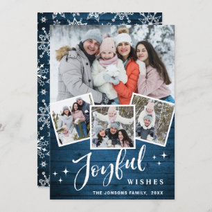 Christmas Rustic Blue Wood 4 PHOTO Greeting Holiday Card