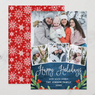Christmas Rustic Blue Wood 4 PHOTO Greeting Holiday Card