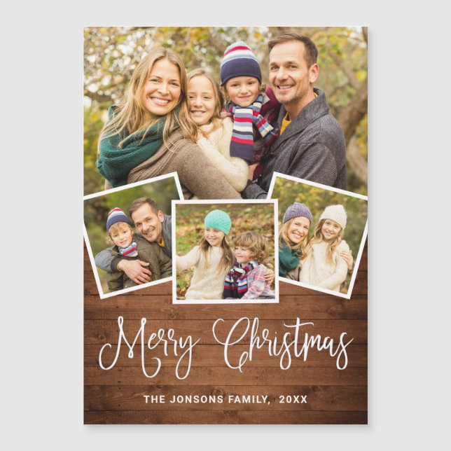 Christmas Rustic Blue Wood 4 PHOTO Magnetic Card (Front)