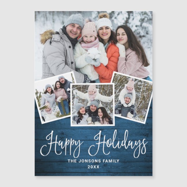Christmas Rustic Blue Wood 4 PHOTO Magnetic Card (Front)