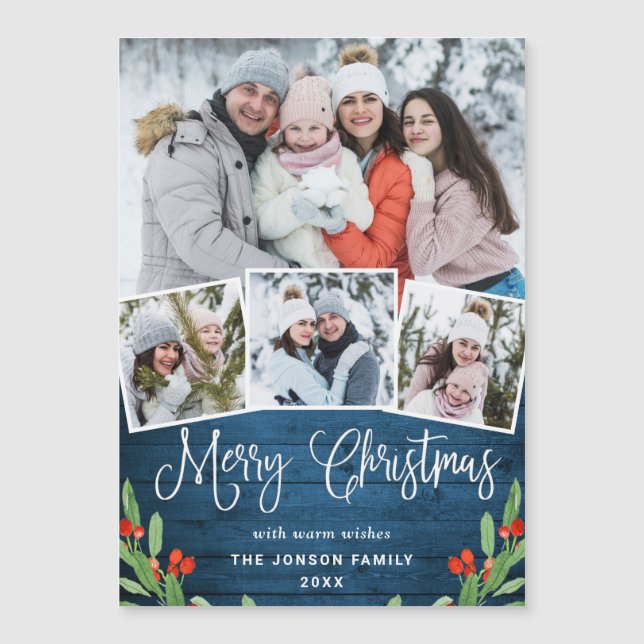 Christmas Rustic Blue Wood 4 PHOTO Magnetic Card (Front)