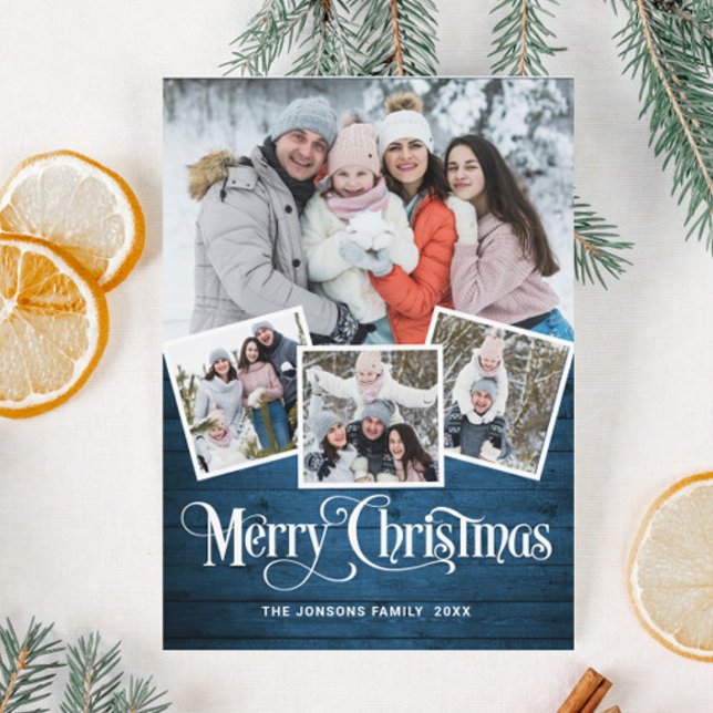 Christmas Rustic Blue Wood 4 PHOTO Magnetic Card (Creator Uploaded)