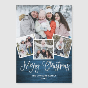 Christmas Rustic Blue Wood 4 PHOTO Magnetic Card