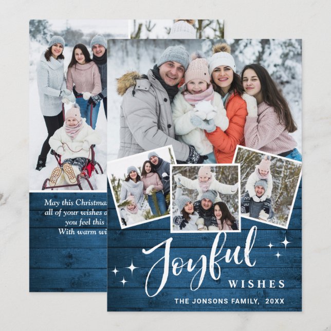 Christmas Rustic Blue Wood 7 PHOTO Greeting Holiday Card (Front/Back)