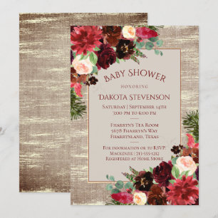 Christmas Rustic Boho Burgundy Gold Baby Shower Invitation
