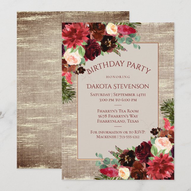 Christmas Rustic Boho Burgundy Gold Birthday Party Invitation (Front/Back)