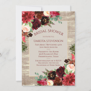 Christmas Rustic Boho Burgundy Gold Bridal Shower Invitation
