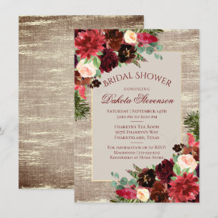 Christmas Rustic Boho Burgundy Gold Bridal Shower Invitation