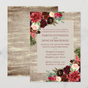 Christmas Rustic Boho Floral Burgundy Gold Burlap Invitation