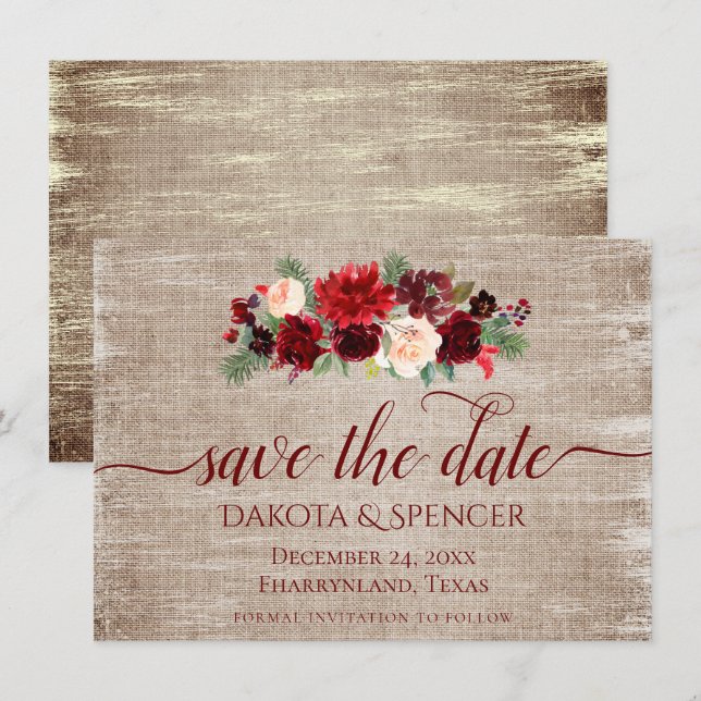 Christmas Rustic Boho Floral Burgundy Gold Burlap Save The Date (Front/Back)