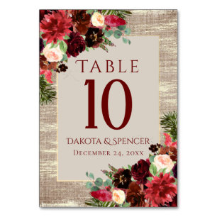 Christmas Rustic Boho Floral Burgundy Gold Burlap Table Number