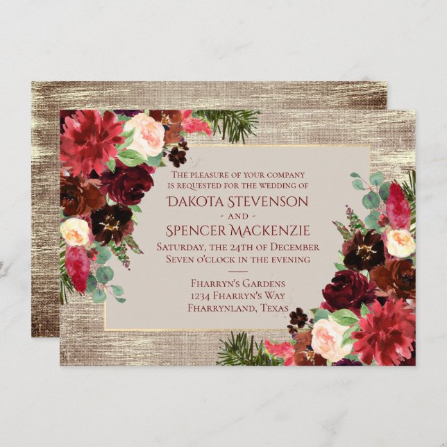 Christmas Rustic Boho Floral Burgundy Gold Kraft Invitation (Front/Back)