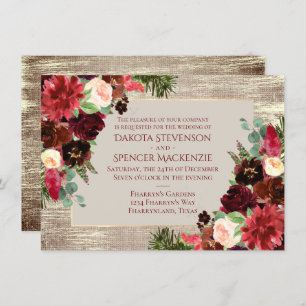 Christmas Rustic Boho Floral Burgundy Gold Kraft Invitation