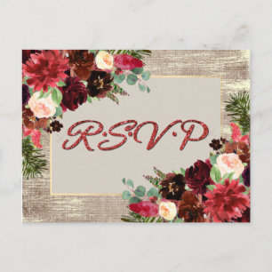 Christmas Rustic Boho Floral Burgundy Gold RSVP Postcard