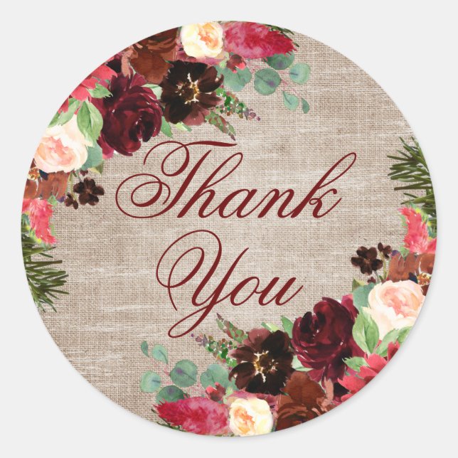 Christmas Rustic Boho Floral Burgundy Thank You Classic Round Sticker (Front)