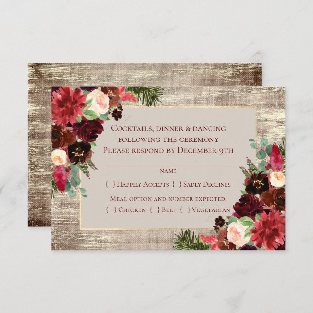 Christmas Rustic Boho Floral Marsala Burlap Entree RSVP Card (Front/Back)