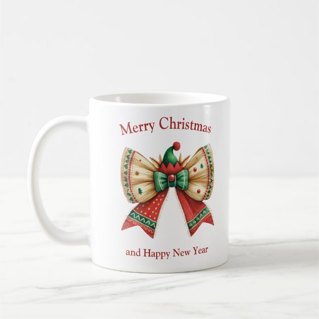 Christmas rustic bow with elves hat reindeer coffee mug (Left)