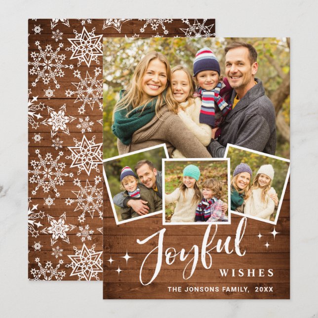 Christmas Rustic Brown Boho Wood 4 PHOTO Greeting Holiday Card (Front/Back)
