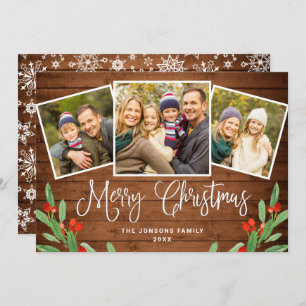 Christmas Rustic Brown Wood 3 PHOTO Greeting Holiday Card