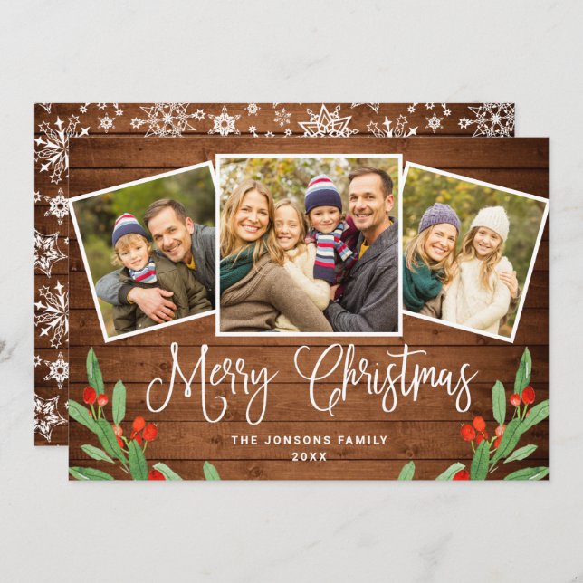 Christmas Rustic Brown Wood 3 PHOTO Greeting Holiday Card (Front/Back)
