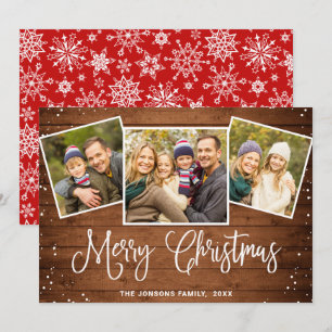 Christmas Rustic Brown Wood 3 PHOTO Greeting Holiday Card