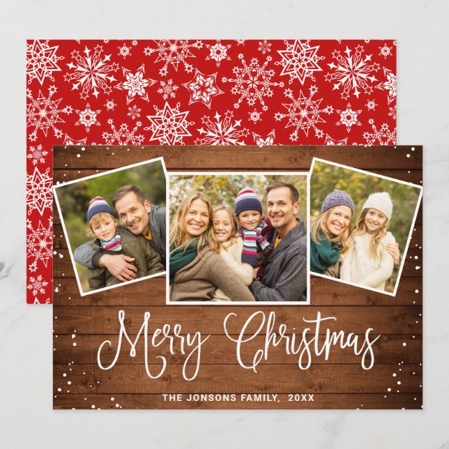 Christmas Rustic Brown Wood 3 PHOTO Greeting Holiday Card (Front/Back)