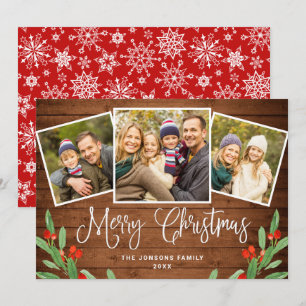 Christmas Rustic Brown Wood 3 PHOTO Greeting Holiday Card