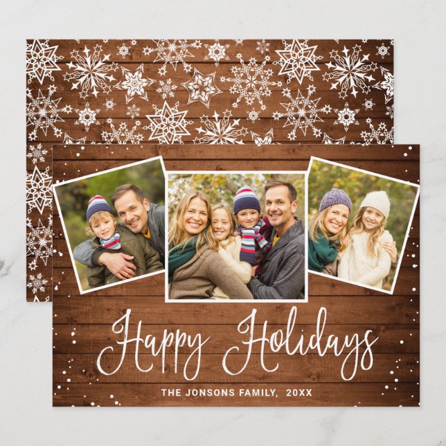 Christmas Rustic Brown Wood 3 PHOTO Greeting Holiday Card (Front/Back)