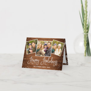 Christmas Rustic Brown Wood 3 PHOTO Greeting Holiday Card