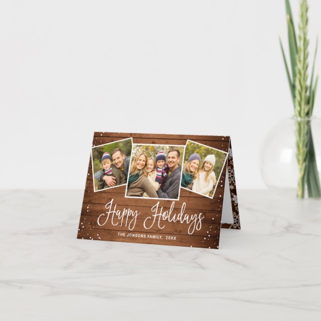 Christmas Rustic Brown Wood 3 PHOTO Greeting Holiday Card (Front)