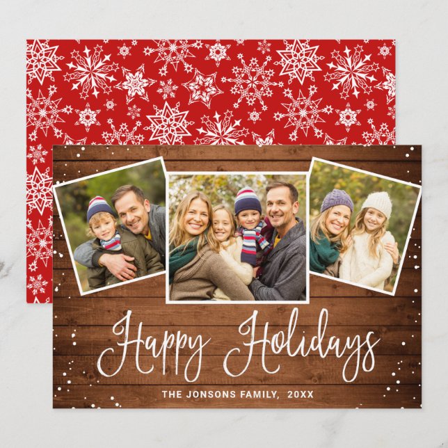 Christmas Rustic Brown Wood 3 PHOTO Greeting Holiday Card (Front/Back)