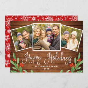Christmas Rustic Brown Wood 3 PHOTO Greeting Holiday Card
