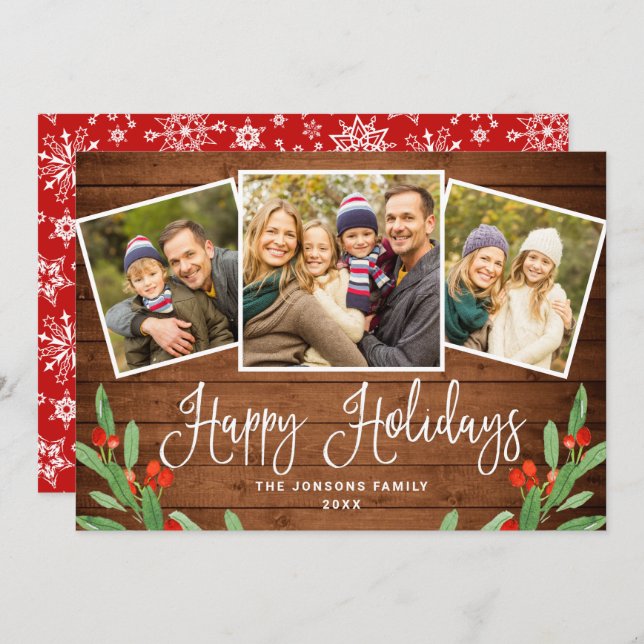 Christmas Rustic Brown Wood 3 PHOTO Greeting Holiday Card (Front/Back)