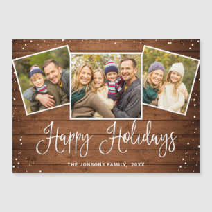 Christmas Rustic Brown Wood 3 PHOTO Magnetic Card