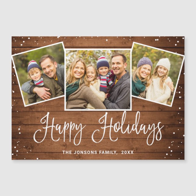 Christmas Rustic Brown Wood 3 PHOTO Magnetic Card (Front)