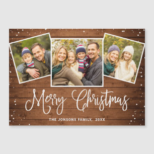 Christmas Rustic Brown Wood 3 PHOTO Magnetic Card