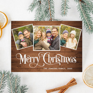 Christmas Rustic Brown Wood 3 PHOTO Magnetic Card