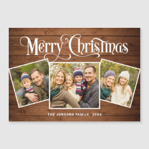 Christmas Rustic Brown Wood 3 PHOTO Magnetic Card 