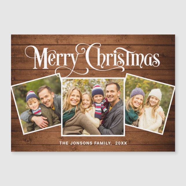 Christmas Rustic Brown Wood 3 PHOTO Magnetic Card  (Front)