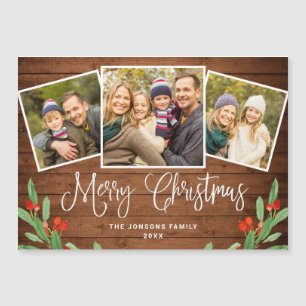 Christmas Rustic Brown Wood 3 PHOTO Magnetic Card