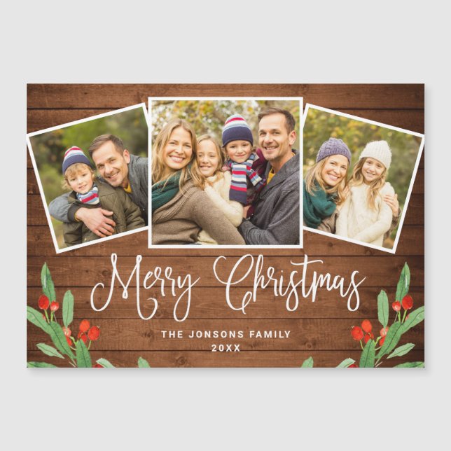 Christmas Rustic Brown Wood 3 PHOTO Magnetic Card (Front)