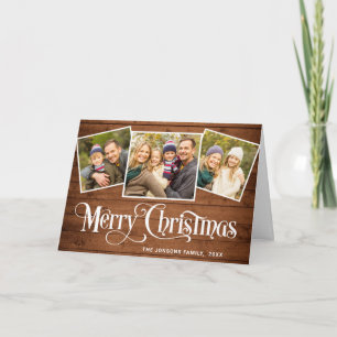 Christmas Rustic Brown Wood 4 PHOTO Greeting Boho Holiday Card