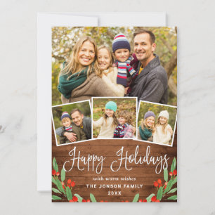 Christmas Rustic Brown Wood 4 PHOTO Greeting Holiday Card