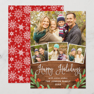 Christmas Rustic Brown Wood 4 PHOTO Greeting Holiday Card
