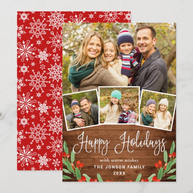 Christmas Rustic Brown Wood 4 PHOTO Greeting Holiday Card (Front/Back)